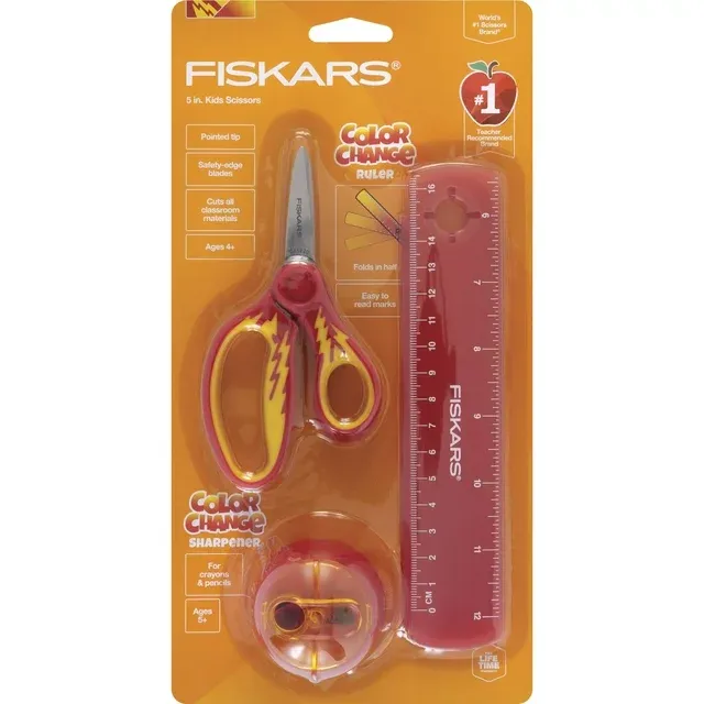 Photo 1 of Fiskars Color Change Kids 3pc Set - 5" Pointed Scissors, Red Color Change Ruler, Red Color Change Sharpener