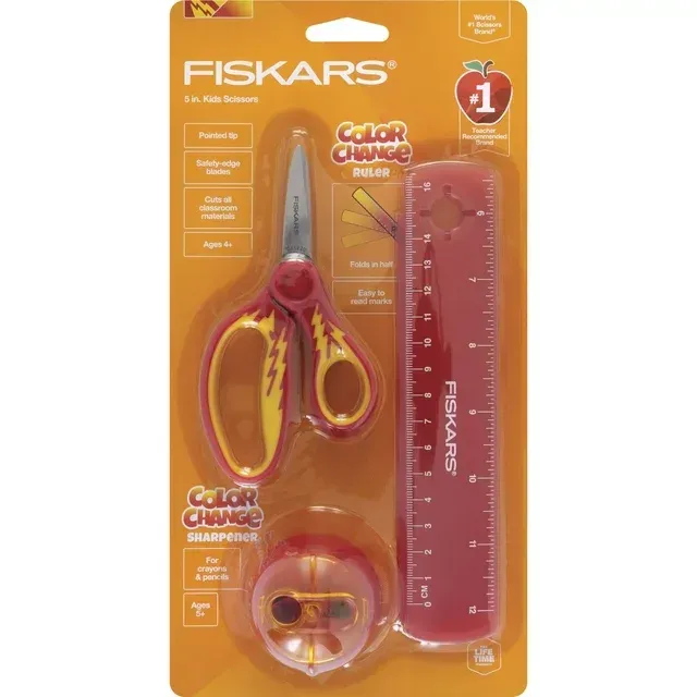 Photo 1 of Fiskars Color Change Kids 3pc Set - 5" Pointed Scissors, Red Color Change Ruler, Red Color Change Sharpener