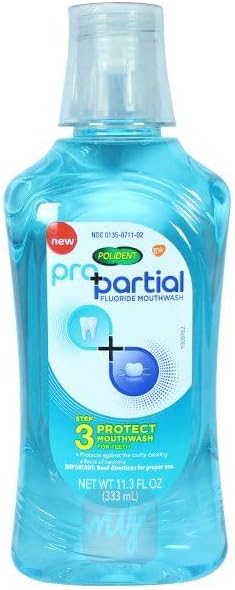 Photo 1 of Polident Pro Partial Fluoride Mouthwash Step 3 Protect Mouthwash for Teeth and Decay,Cavity 11.3 Fl Oz (333 mL)
