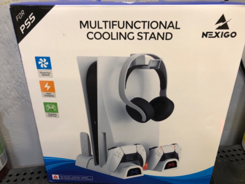 Photo 2 of NexiGo PS5 Accessories Cooling Stand with LED Lighting Fans and Dual Controller Charger Station for Playstation 5 Console, Upgraded Multifunctional Stand with Charging Dock, 10 Game Slots, White