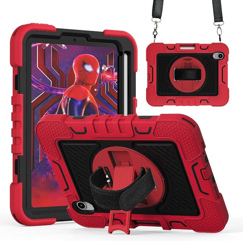 Photo 1 of iBeacos Case for iPad Mini 6 Case 8.3 inch 2021 iPad Mini 6th Generation Case Shockproof Rugged Cover with Pencil Holder, Kickstand, Rotatable Hand Strap, Shoulder Strap,Black-Red