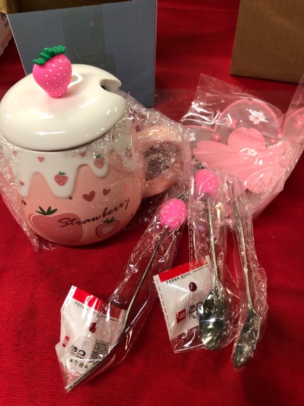 Photo 2 of Anjiyoyo Lovely Strawberry and Stainless Steel Scoop Ceramic Coffee Cup, Novel and Interesting Fruit cup, Lovers Milk cup, Creative Gift Pink Strawberry cup