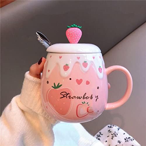 Photo 1 of Anjiyoyo Lovely Strawberry and Stainless Steel Scoop Ceramic Coffee Cup, Novel and Interesting Fruit cup, Lovers Milk cup, Creative Gift Pink Strawberry cup