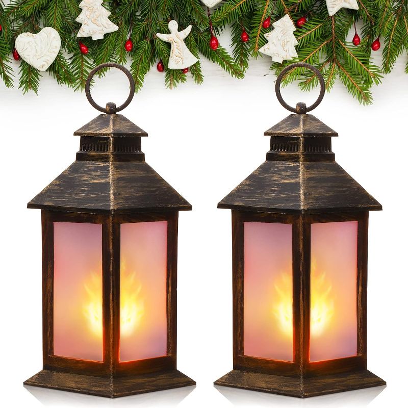 Photo 1 of 2 Pcs Christmas Vintage Style Decorative Lantern Tall Hanging Outdoor Lantern with Flashing LED Battery Operated Candles Portable Waterproof Lanterns for Indoor Table Centerpieces Party Decor (Bronze)