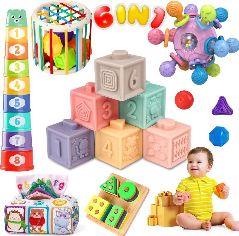 Photo 1 of Flooyes Baby Toys 6 to 12 Months, 6 in 1 Montessori Toys for Babies 6-12 Months, Infant Teething Toys, Sensory Shape Sorter Bin, Soft Stacking Blocks & Cups, Wooden Sorting Toys for Toddler