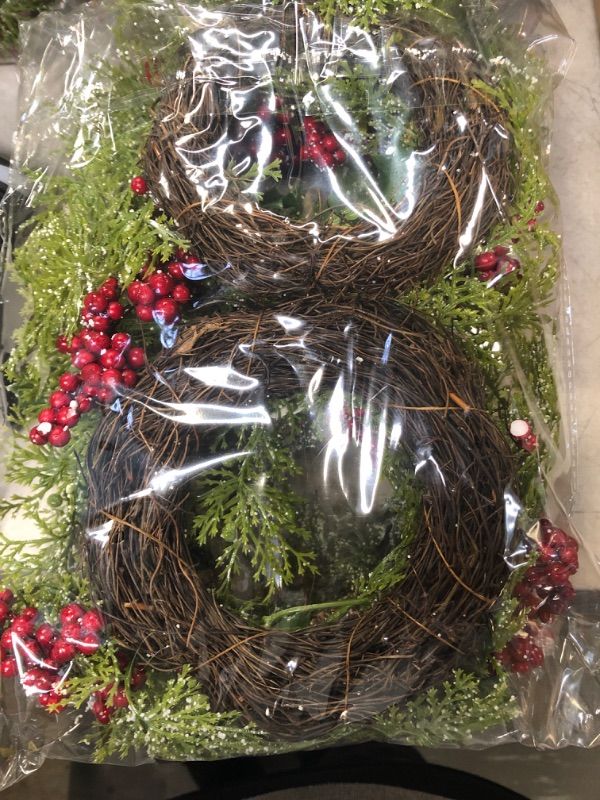 Photo 2 of 2 Pcs Artificial Snowy Cedar and Berry Candle Rings Christmas Candle Holder Rings Faux Cedar Twigs Wreath Mini Window Mirror Wreaths 12.6" Wide with Pine Cones Holly Leaves for Holiday Season Winter