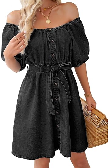 Photo 1 of Denim Dress for Women Off The Shoulder Dresses Puff Sleeve Elastic Waist A Line Short Western Jean Dress Belted MED