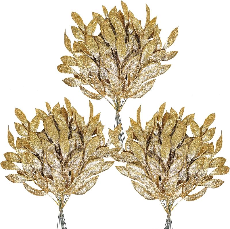 Photo 1 of 20 Pieces Gold Glittered Artificial Leaf Spray Picks 12" Tall for Christmas Winter Wedding Wreath Tree Swag Floral Arrangment Vase Bouquets Table Centerpieces Decoration