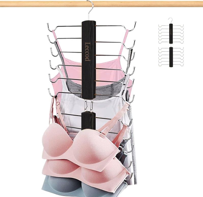 Photo 1 of 1pc---Tank Top Hanger, Bra Hangers Wooden 360° Rotating Non-Slip 24 Metal Hooks Space Saving Hanger Closet Organizer for Camisole, Bathing Suit, Bra, Scarf, Tie and Belt New Model(Black,1 Pack)
