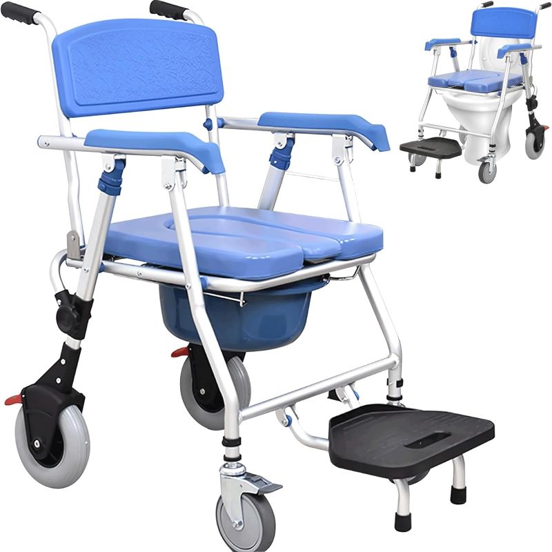 Photo 1 of 3 in 1 Bedside Commode Shower Chair, Folding Rolling Shower Wheelchair with Commode, Shower Commode Wheelchair with Arms and Locking Wheels, Mobile Toilet Chair for Senior and Disabled
