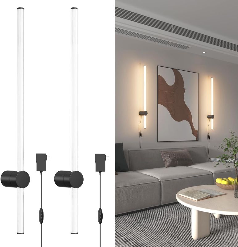 Photo 1 of 31.5 Inches Modern Plug in LED Wall Sconce Set of Two,22W 3000K Stepless Dimming Indoor Long Strip Wall Light with Acrylic Lampshde,LED Wall Lamp for TV Side Bedroom,Black
