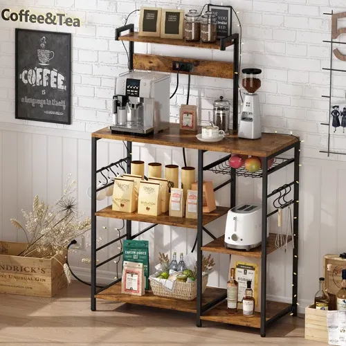Photo 1 of  Bakers Coffee Bar Station Kitchen Storage Rack with Power Outlet, Microwave Stand, Wire Basket