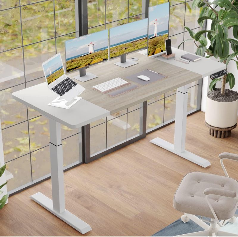 Photo 1 of BUNOEM Height Adjustable Electric Standing Desk, 63x30 Height Stand Up Computer Desk,Sit and Stand Home Office Desk with Splice Board (White+Oak Top, White...
