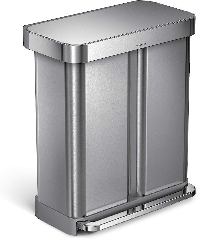 Photo 1 of **COSMETIC FLAWS; DENTS** simplehuman 58 Liter / 15.3 Gallon Rectangular Hands-Free Dual Compartment Recycling Kitchen Step Trash Can with Soft-Close Lid, Brushed Stainless Steel
