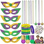 Photo 1 of 202Pcs Mardi Gras decorations Including Mardi Gras Mask Beads Necklaces Coins Temporary Tattoos and Rubber Bracelets Party Favors Mardi Gras Accessories for Mardi Gras Parade Masquerade Decorations