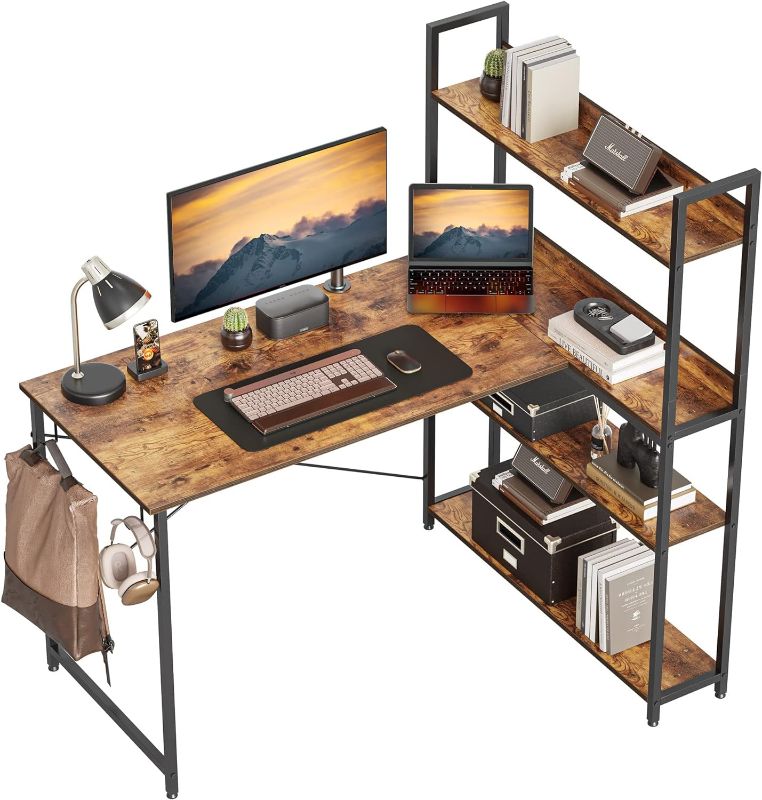 Photo 1 of CubiCubi Computer Corner Desk with Storage Shelves, 47 Inch Small L Shaped Computer Desk, Home Office Writing Desk with 2 Hooks, Black *** SEVERE BOX DAMAGE -- DESK IS BLACK  -- LOOSE HARDWARE ***
