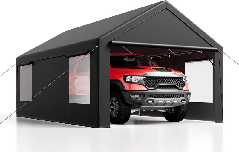 Photo 1 of 10'x 20' Heavy Duty Carport with Roll-up Ventilated Windows, Portable Garage with Removable Sidewalls & Doors for Car, Truck, Boat, Car Canopy with All-Season Tarp, Grey
