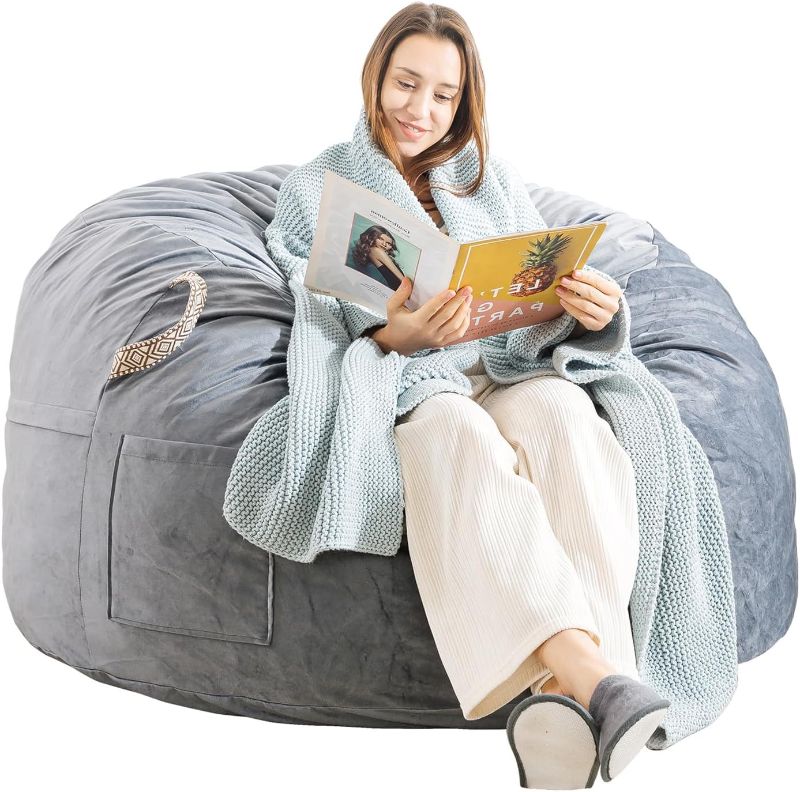 Photo 1 of [Removable Outer Cover 3 ft Bean Bag Chair Filled with Memory Foam,Bean Bag Chairs for Adults with Filling,Soft Velvet Fabric,Round Bean Bag Sofa for Teens,Machine Washable,3 Foot,Dark Gray
