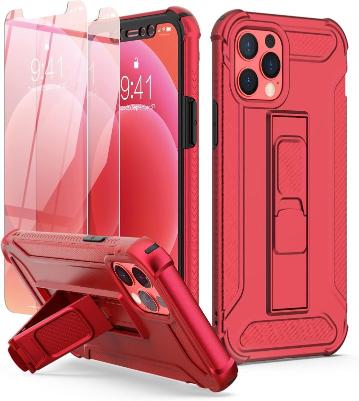 Photo 1 of ORETech for iPhone 12 Case/iPhone 12 Pro case, [10 FT Military Grade Shockproof][with 2 x Tempered Glass Screen Protectors] iPhone 12 Phone Case Full Protective Silicone TPU Bumper Kickstand Cover Red
