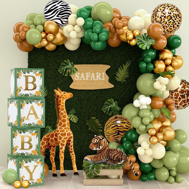 Photo 1 of Baby Boxes Safari Baby Shower Decorations for Boy Girl, Safari Balloons Arch Kit with Green Jungle Baby Boxes,Green and Brown Animal Print Balloons for Dinosaur Safari Birthday Decorations for Boys 