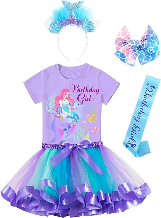 Photo 1 of Doctor Unicorn Birthday Girls Mermaid Outfit Set Costume Tutu Skirt Dress, Mermaid Birthday Shirt, Headband & Satin Sash
