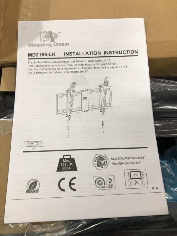 Photo 4 of Mounting Dream Tilt TV Wall Mount TV Bracket for Most of 42-70 Inches TV, TV Mount Tilt up to 20 Degrees with VESA 200x100 to 600x400mm and Loading 132 lbs, Fits 16", 18", 24" Studs MD2165-LK