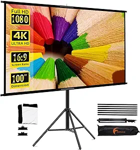 Photo 1 of Projector Screen with Stand, Towond 100 inch Indoor Outdoor Projection Screen, Portable 16:9 4K HD Movie Screen with Carry Bag Wrinkle-Free Design for Home Theater Backyard Cinema