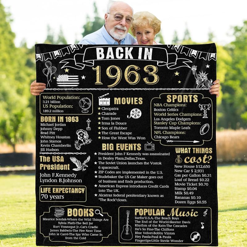 Photo 1 of 60th Birthday Blanket Gift for Women or Men, 60 Years Old 1963 Anniversary Weeding Gift for Wife Husband Mom Dad, Back in 1963 Flannel Fleece Soft Throw Blanket
