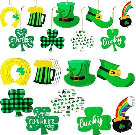 Photo 1 of 36 Pieces St. Patrick's Day Wooden Ornament Shamrocks Clover Ornament Set St. Patrick's Day Wood Hanging Ornament Double Sided Color Printing Wood Slices Ornaments for St. Patrick's Day Party Favors 