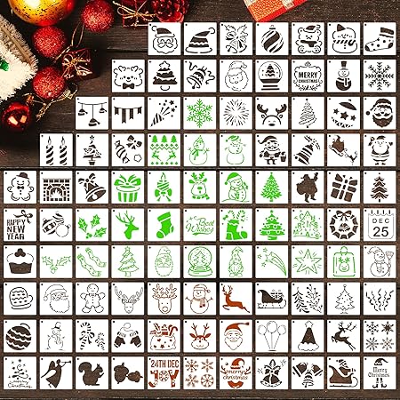 Photo 1 of 100 Pcs Christmas Stencils,3X3 Inch Small Reusable Ornament Templates Xmas Holiday Stencils for Painting on Wood Slice DIY Craft (Christmas)
