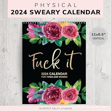Photo 1 of 2024 Wall Calendar for Tired-Ass- Women, Fuck It Funny Novelty Monthly Calendar, Flower Calendar Memo, Handmade Home Office Hanging Calendar, Gag Gift for While Elephant