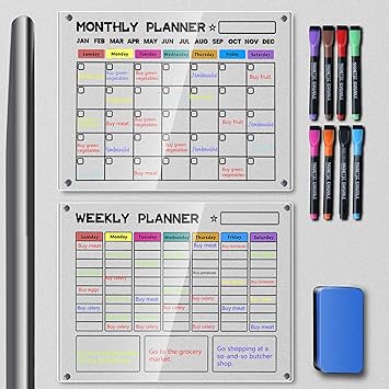 Photo 1 of Aisuoker Acrylic Magnetic Calendar for Fridge, 2 Clear Dry Erase Calendar Boards for Refrigerator, 16 x 12 Inch Reusable Monthly and Weekly Planner Includes 8 Color Markers and 1 Eraser - Black