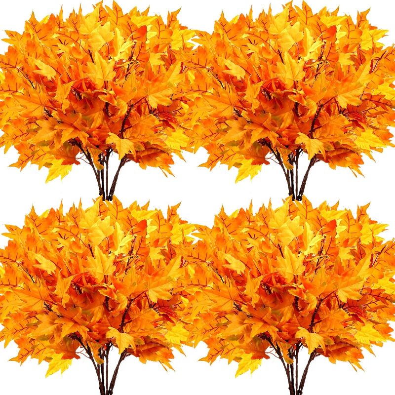 Photo 1 of 24 Pcs Artificial Maple Leaves Branches Fall Faux Leaf Decoration Stem Plastic Autumn Leaves Fake Fall Maple Shrubs for Home Indoor Outdoor Thanksgiving...
