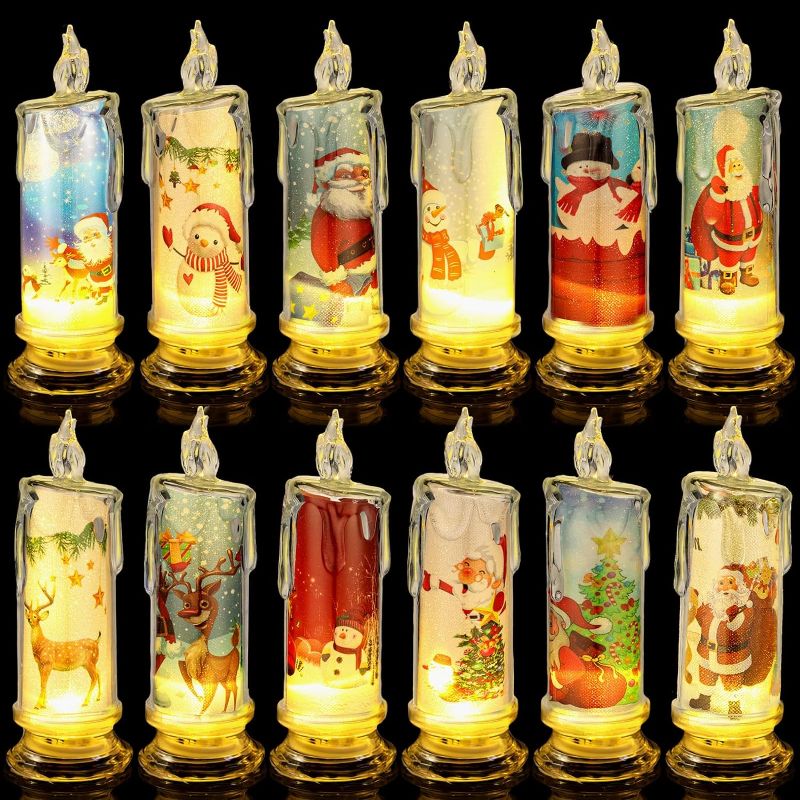 Photo 1 of 12 Pcs Christmas Candles Gifts Snowman Flameless Candles with Santa Claus Flickering Battery Operated Candles Set Christmas Themed LED Pillar Candles Decorations for Festival Gift Christmas