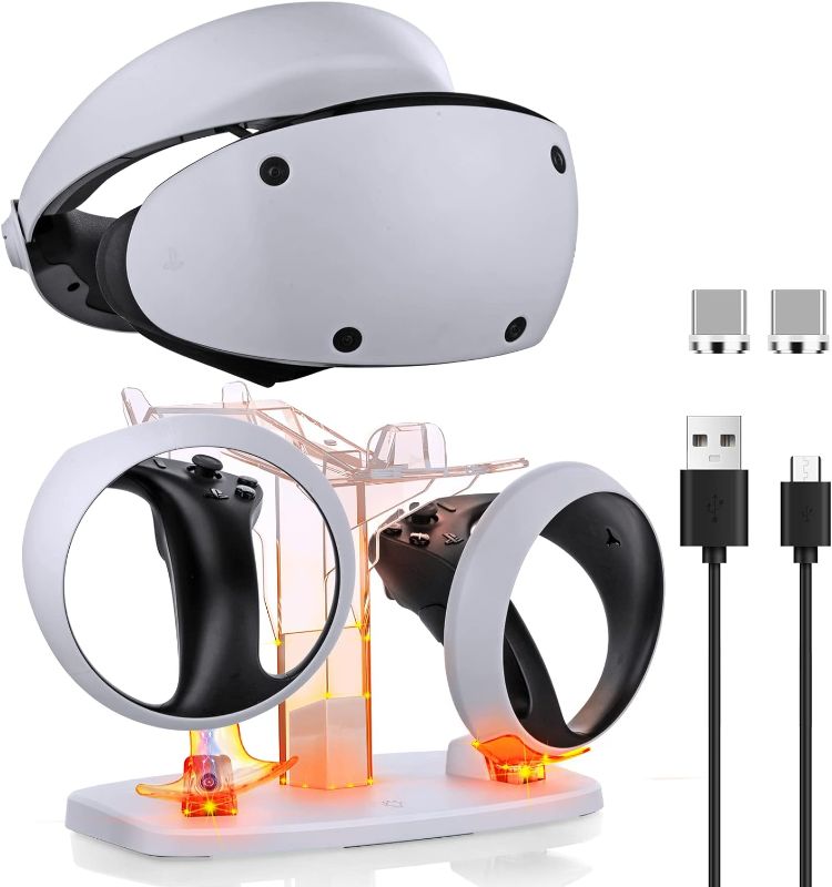 Photo 1 of Charging Station for PS VR2, Controller Charging Dock for PS5 VR2 with Led Indicator Support for VR2 Headset Display Accessories, PSVR2 Stand with 2 Type-C Magnetic Adapters for Sense Controller