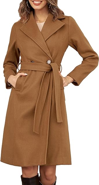 Photo 1 of (LARGE) GRACE KARIN Women's Notched Lapel Double Breasted Pea Coat Mid-Long Wool Blend Over Coats with Belt 