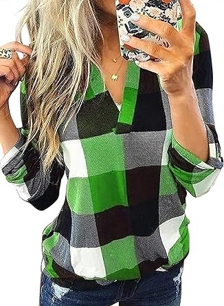 Photo 1 of Dokotoo Womens Basic Casual V Neck Plaid Print Cotton Cuffed Long Sleeve Work Tops Blouses Shirts Large
