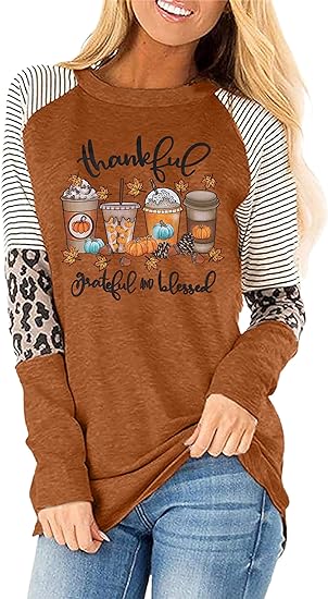 Photo 1 of [Size M] EGELEXY Thankful Grateful Blessed Shirts Women Thanksgiving Coffee Cups Long Sleeve Shirt Leopard Striped Tops 