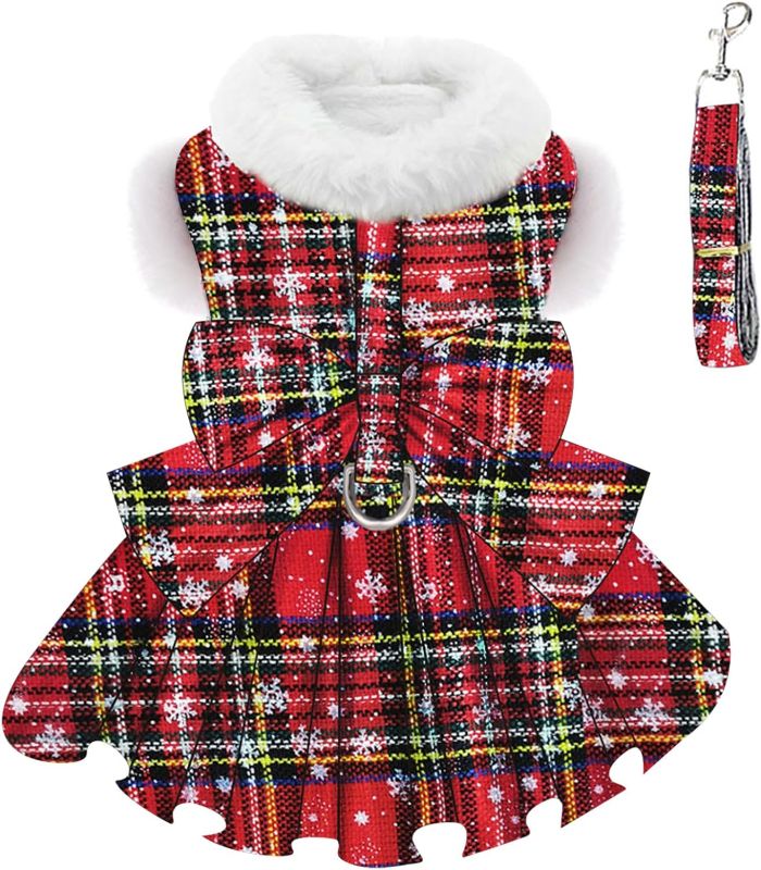 Photo 1 of [Size XS] Dog Christmas Sweater Dress with Harness & Leash Set Warm Soft Fleece Dog Sweater Plaid Dog Clothes for Small Dog Girl Pet Dog Christmas Outfit Winter Xmas Dog Dress Coat (X-Small, Red Harness Dress)