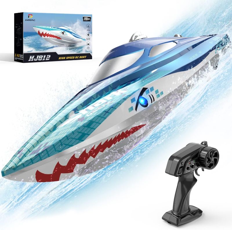 Photo 1 of DEERC Full Proportional Remote Control Boat with LED Lights, Shark Graffiti, 20+ MPH,2.4GHz High Speed RC Racing Boats for Lakes,Pool Toys for Kids & Adults