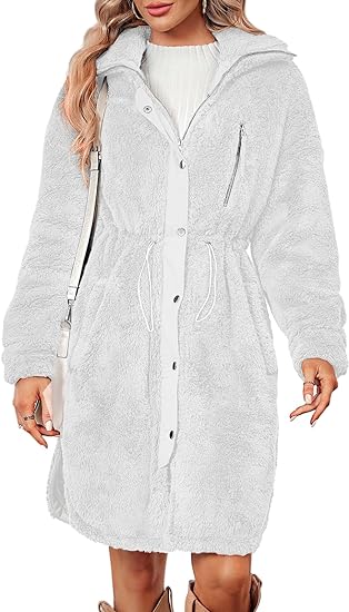 Photo 1 of [Size M] Langwyqu Women's Warm Faux Fur Coat Lapel Zip Up Drawstring Winter Long Sherpa Jacket 