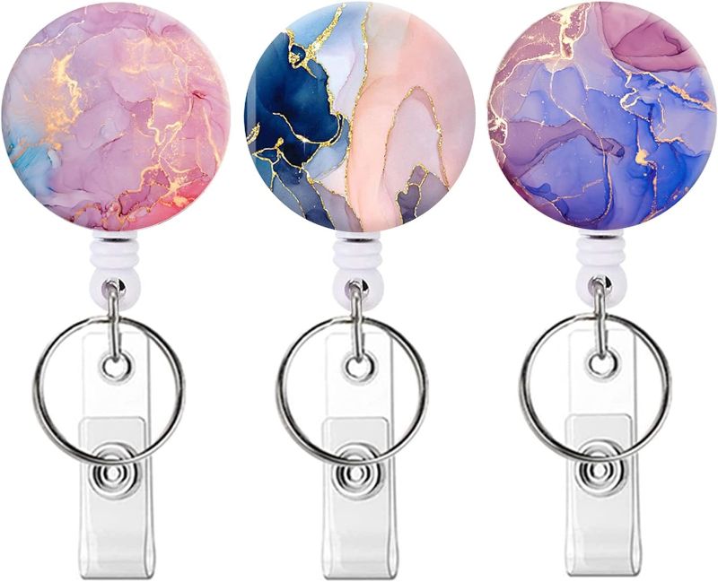 Photo 1 of Retractable Badge Reel Cute Nurse Badge Holder ID Badge Clip for Nurse Doctor Student Cards(B2-3P Pretty Marble)