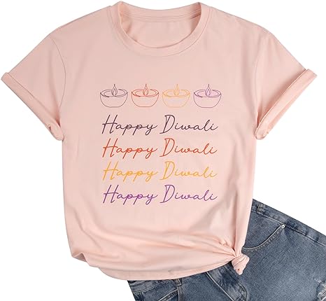 Photo 1 of [Size S] Diwali Shirts Women Happy Diwali Tee Indian Festival of Lights Shirt Hindu Gift T-Shirt Casual Short Sleeve Tops 