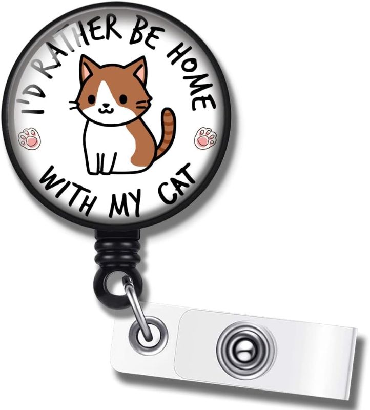 Photo 1 of Funny I'd Rather Be Home with My Cat Brown Tabby Cat Nurse Badge Holder with Shark Clip, Medical Work Office Doctor Nurse Name ID Tag Card Veterinary Doctor Nurse Gift 