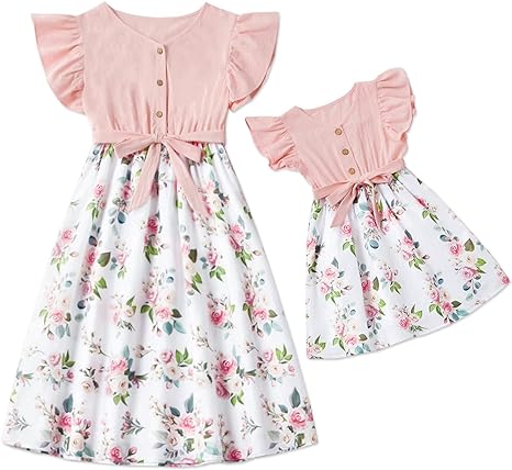 Photo 1 of [Size XL] PATPAT Mother Daughter Matching Dresses Pink Floral Printed Ruffle Flutter-Sleeve Bowknot Dress Mommy and Me Outfits 