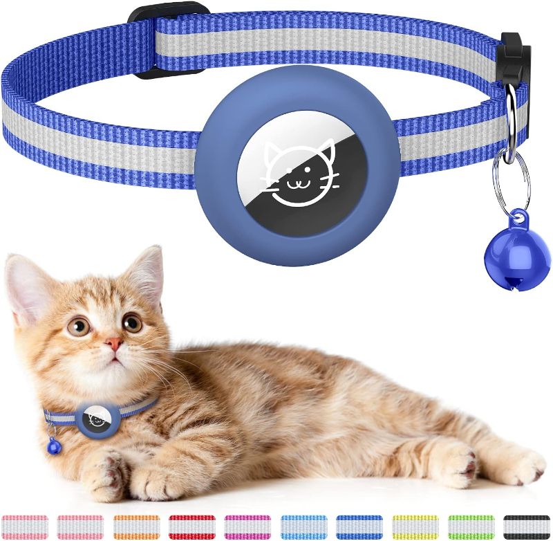 Photo 1 of 1Pack Airtag Cat Collar, Reflective Apple Airtag Cat Collar Holder with Bell, Silicone Waterproof Airtag Case Beautiful Cat Collar for Kitten Puppy Compatible (Blue)