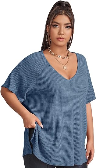 Photo 1 of [Size 0XL] SOLY HUX Women's Plus Size V Neck Short Sleeve Tee Split Hem Waffle Knit Oversized Casual Loose Summer Basic T Shirt Tops 