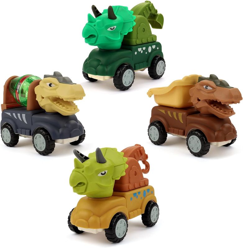 Photo 1 of deAO 4 Packs Push and Go Toy Trucks Friction Powered Dinosaur Monster Truck Push Cars Toys Construction Vehicle Set Excavator Concrete Truck Dumper Crane Wind-Up Car Gifts for Kids 