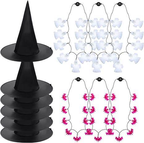 Photo 1 of 12 Pcs Halloween Party Supplies, 6 Halloween Witch Hats and 6 LED Light Up Necklaces, Halloween Pumpkin Ghost Glow Necklaces for Halloween Costume Accessory Party Supplies (Bat and Ghost) 