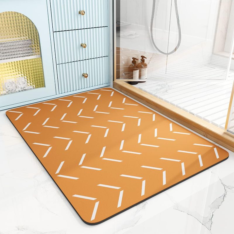 Photo 1 of Bath-Mat-Rug, Super Absorbent Quick Dry Bath Mats for Bathroom Floor Non Slip Bathroom Mats with Rubber Backing, Ultra Thin Bathroom Rugs Fit Under Door Bathtub Shower, 21 x 34, Orange
